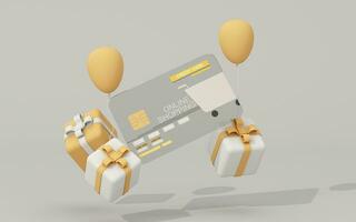 credit kaart of contant geld kaart in de concept van online boodschappen doen en de toekomst wereld van kaart besteden. zonder contant geld en boodschappen doen van huis in de het formulier van 3d tekenfilm renderings foto