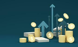 bedrijf groei pijl omhoog digitaal Aan blauw donker achtergrond. investering diagram technologie stroomkring naar succes. financieel gegevens technologie strategie. markt tabel winst geld en digitaal munt. 3d geven foto