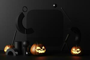 gelukkig halloween promotionele banier voor partij uitnodiging achtergrond met halloween pompoenen gloeiend in de donker klaar naar plaats de Product meetkundig vorm Aan een donker zwart achtergrond. 3d renderen foto