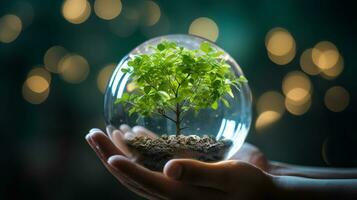 een personen handen Holding een wereldbol met boom jonge boompjes groeien, ai generatief foto