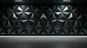 een kamer met een gepolijst, halfglans muur achtergrond gedekt in een driehoekig tegel behang met zwart blokken, ai gegenereerd foto