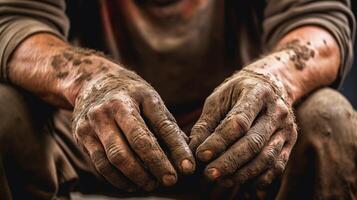 een arbeiders handen moeilijk werk en toewijding dat gaat in hun ambacht arbeid dag, ai generatief foto