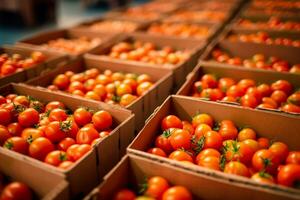 doos met geoogst rood tomaten, importeren tomaat generatief ai foto