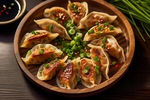 detailopname top visie van ingrediënten leeftijd-gyoza kip, Japans voedsel. ai gegenereerd. foto