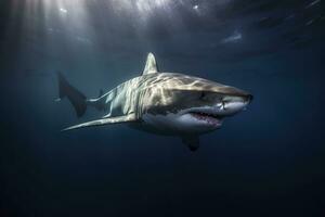 de koning van de oceaan, de Super goed wit mannetje haai jager onderwater- visie, guadalupe eiland, Mexico. ai generatief foto