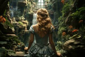 een jong vrouw met blond haar- in een blauw jurk looks Bij een waterval tussen planten, een visie van de rug. gegenereerd ai foto