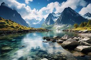 mooi landschap transparant rivier- met een rotsachtig bed in een vallei tussen hoog bergen. gegenereerd ai foto