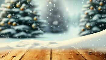 ai gegenereerd, Kerstmis achtergrond met Kerstmis boom, haard en vallend sneeuw. wazig achtergrond foto