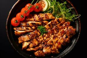 detailopname top visie van ingrediënten gegrild kip, Zalm, varkensvlees, Japans voedsel. ai gegenereerd. foto