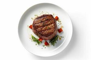 detailopname top visie van ingrediënten filet mignon steak Aan een tafel. ai gegenereerd. foto