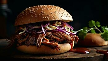 gegrild rundvlees hamburger met getrokken varkensvlees en koolsalade gegenereerd door ai foto