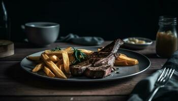 gegrild portier steak, Patat, en tomaat plak gegenereerd door ai foto