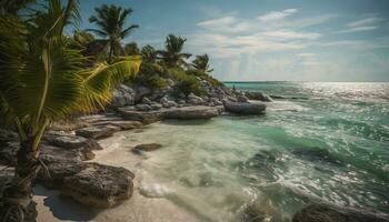 idyllisch palm boom kustlijn, rustig wateren rand gegenereerd door ai foto