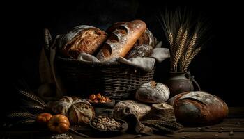 een rustiek tafel wordt weergegeven een vers brood mand gegenereerd door ai foto