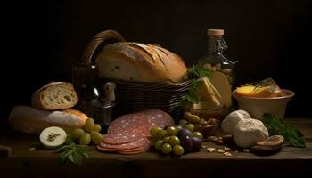 rustiek brood, vlees, kaas, en fruit mand gegenereerd door ai foto