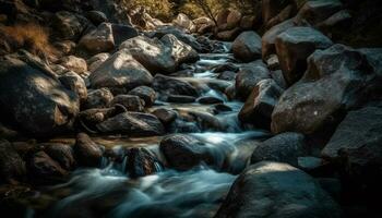 glad vloeiende water, rustig tafereel, herfst bladeren gegenereerd door ai foto