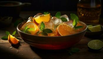 rustiek tafel, biologisch mojito, zoet citrus verfrissing gegenereerd door ai foto