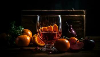 rustiek tafel, biologisch fruit, verfrissend citrus drinken gegenereerd door ai foto