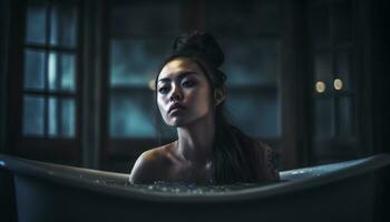 mooi vrouw zittend in nat bad glimlachen gegenereerd door ai foto