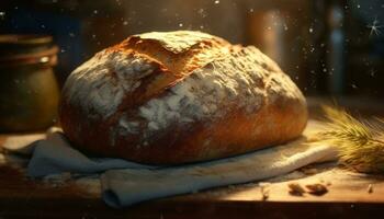 vers gebakken eigengemaakt brood Aan rustiek houten tafel, een fijnproever genot gegenereerd door ai foto