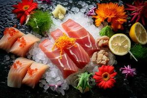 detailopname top visie van ingrediënten sashimi set, Zalm, tonijn, Japans voedsel. ai gegenereerd. foto