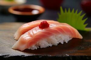 detailopname top visie van ingrediënten Zalm, Japans voedsel. ai gegenereerd. foto