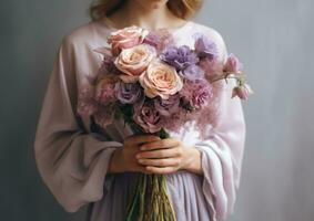 vrouw Holding bloem boeket foto