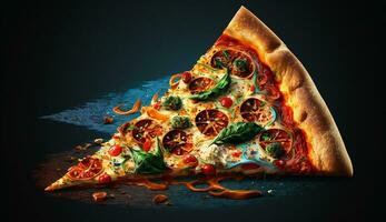 heet smakelijk pizza met brand vlammen Aan donker achtergrond. beeld voor menu of poster. ai generatief foto