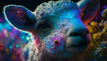 moslim vakantie eid al-adha, offer van dier neon effect en kleurrijk bloemen. ai generatief foto