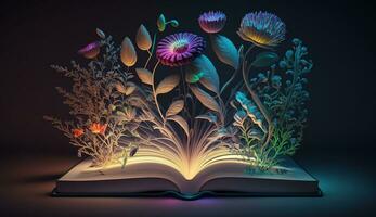 boek met bloemen neon gloed, concept van kennis en onderwijs gemaakt met generatief ai foto