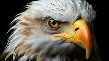 intens blik van een vogel van prooi, dichtbij omhoog van kaal adelaars ogen met opvallend oranje kleur Aan een dramatisch zwart achtergrond foto