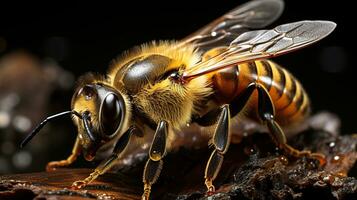 detailopname van een bijen ogen - opvallend zwart oog en levendig oranje lichaam Aan een boeiend zwart achtergrond, vastleggen van de natuur schoonheid foto