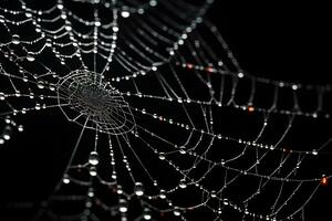 spinnenweb met zwart achtergrond, wit spinnenweb, ai gegenereerd foto