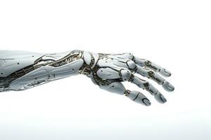 technologie concept robot hand- Aan wit, ai gegenereerd foto