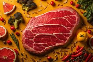 rauw rundvlees entrecote steak met ingrediënten voor Koken Aan houten achtergrond. ai generatief foto