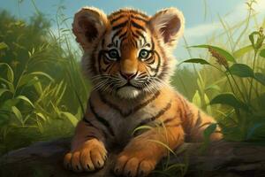 tijger welp aan het liegen in de gras, 3d digitaal illustratie. een schattig tijger welp zittend Aan de gras, gedetailleerd lichaam, ai gegenereerd foto