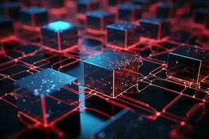abstract technologisch achtergrond met kubussen. 3d weergave, 3d illustratie. een detailopname van een rood gloeiend blockchain netwerk met blokken, ai gegenereerd foto