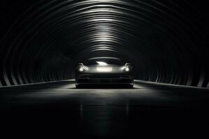 3d renderen van een wijnoogst sport- auto in een tunnel Bij nacht, een betoverend beeld van een auto in een ondergronds tunnel, ai gegenereerd foto