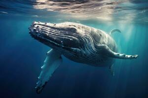 gebochelde walvis zwemmen onderwater- in diep blauw oceaan. deze het dossier is schoongemaakt en geretoucheerd. een baby gebochelde walvis Toneelstukken in de buurt de oppervlakte in blauw water, ai gegenereerd foto