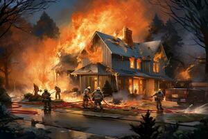 brandweerlieden blussen een brand in de huis. 3d illustratie, Amerikaans huizen Aan brand en brandweerlieden proberen naar hou op de vuur, ai gegenereerd foto