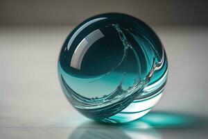 transparant kristal bal Aan een houten tafel. ai generatief foto
