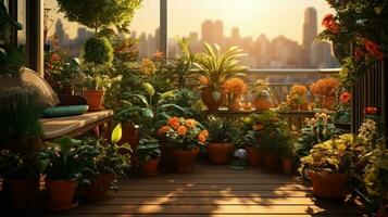 terras met ingemaakt planten en bloemen foto