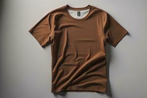 bruin t-shirt Aan grijs achtergrond, top visie. mockup voor ontwerp. generatief ai foto