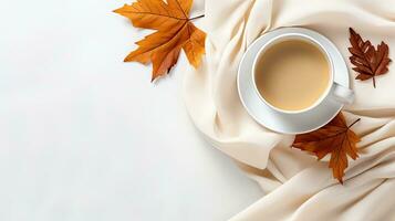 herfst nog steeds leven vlak leggen met kop van koffie, en plaid Aan wit achtergrond. vallen decoratie voor dankzegging dag. gemaakt met generatief al technologie foto