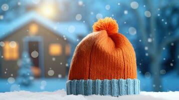 hoed Aan de achtergrond van de huis. verwarming seizoen, warm omhoog, beschermen concept gemaakt met generatief al technologie foto