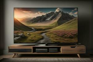 TV Aan de houten kabinet in modern leven kamer. ai generatief foto