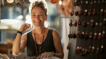 mooi vrouw in sieraden winkel foto