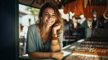 mooi vrouw in sieraden winkel foto