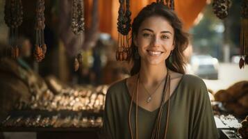 mooi vrouw in sieraden winkel foto