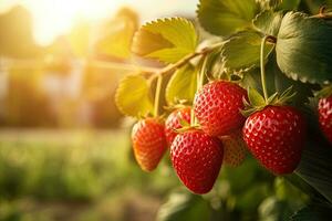 rijp rood aardbeien groeit Aan een Afdeling in de veld- Bij zonsondergang, een Afdeling met natuurlijk aardbeien Aan een wazig achtergrond van een aardbei veld- Bij gouden uur, ai gegenereerd foto